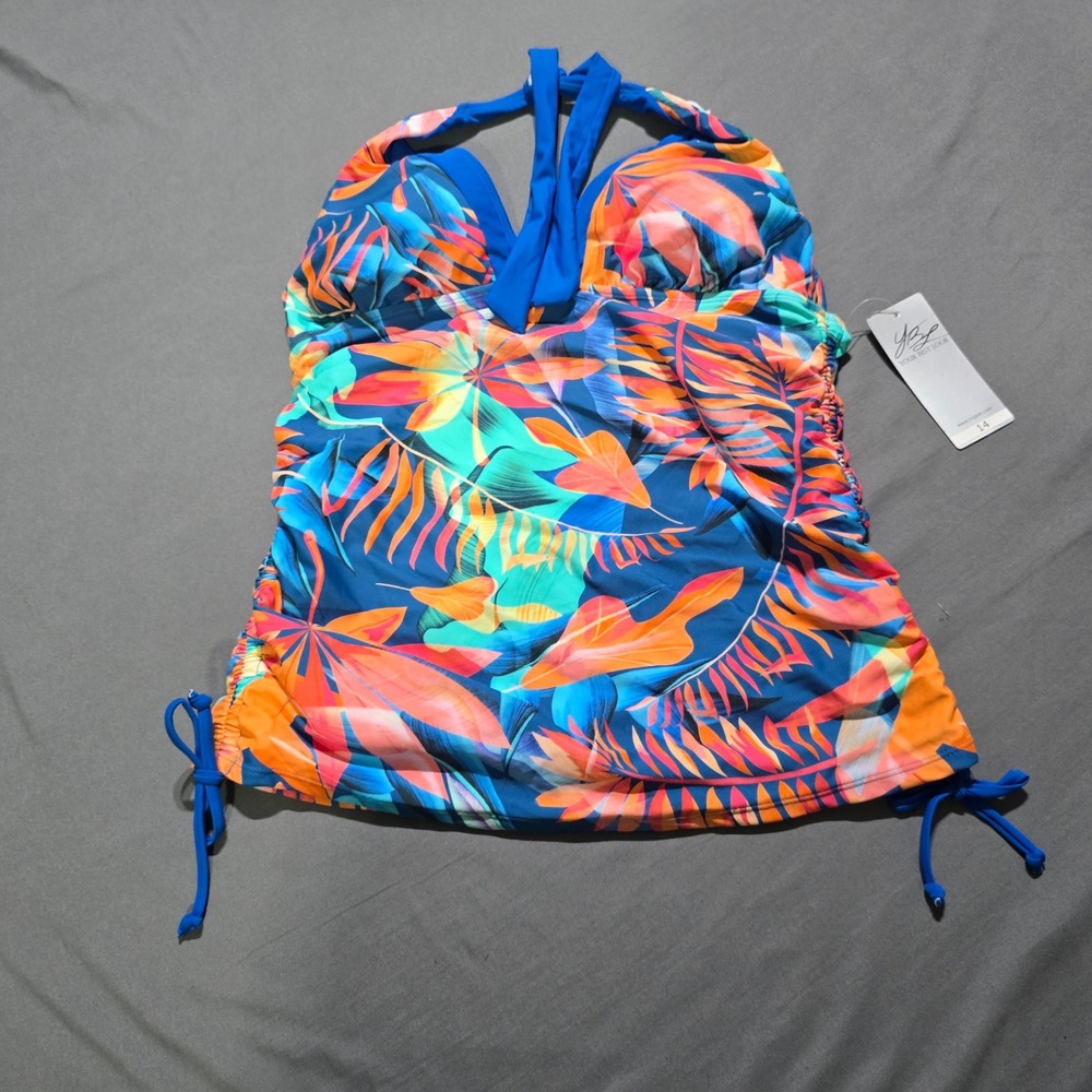 Your Best Look Tankini Top Women 14 Blue Orange Tropical Leaf Halter Ruched
